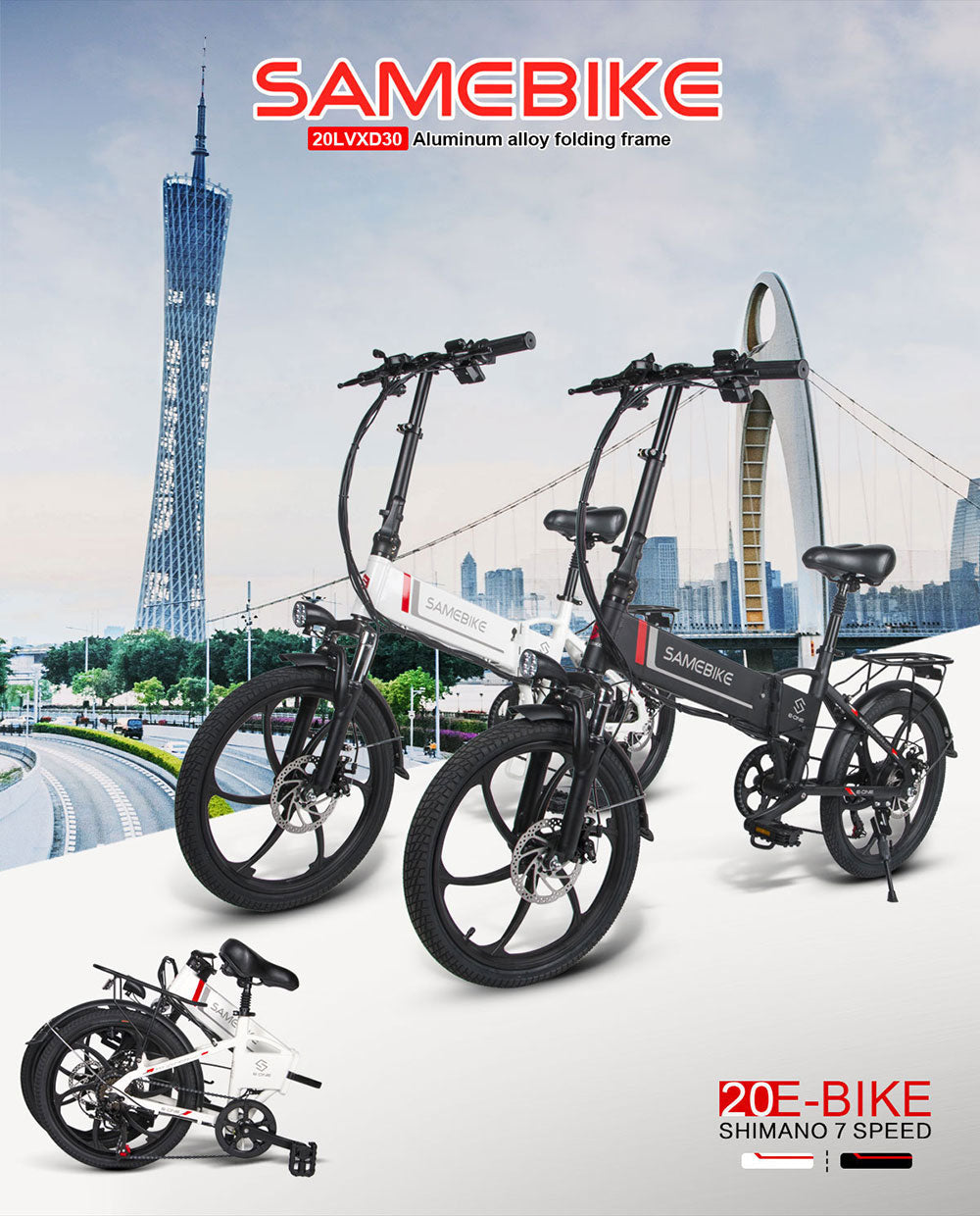 PL Warehouse Stock GYL090 48V 5 Speed 20" Foldable Electric Bicycle with 350W Brushless Motor